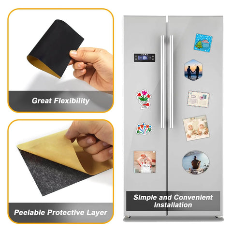 Cuttable Magnetic Sheets Six Pack 8 By 10 Inches With Adhesive Backing showing flexibility and use on fridge with magnets and stickers.