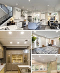 Collage of rooms with 12 Pack 6 Inch Slim LED Recessed Lights With Junction Box, Ultra Thin Canless Downlights installed and lit