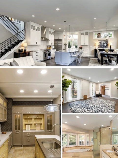 Collage of rooms with 12 Pack 6 Inch Slim LED Recessed Lights With Junction Box, Ultra Thin Canless Downlights installed and lit