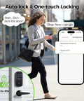 Woman walking outdoors checking phone near a door with Level Up Your Home Security With This Slick WiFi Smart Deadbolt Lock.