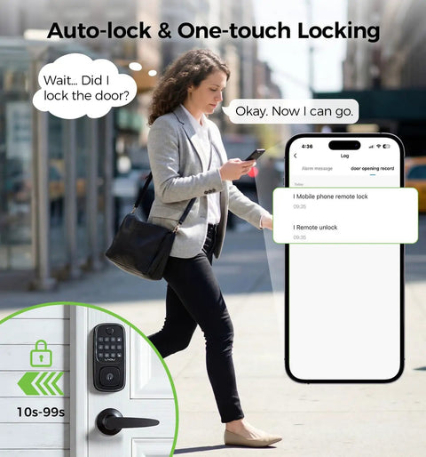 Woman walking outdoors using smartphone to control Slick WiFi Smart Door Lock For Front Door Keyless Entry Deadbolt.