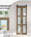 Front view of a Double 15x84 Frosted Glass Barn Door Set in Brown Finish Sliding Bifold Closet Doors with Hardware Kit Included.