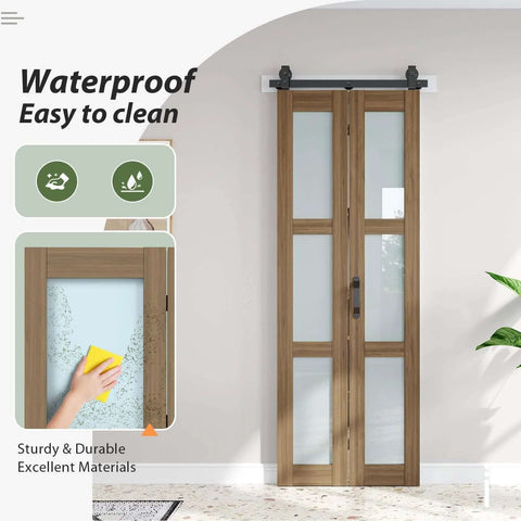 Front view of a Double 15x84 Frosted Glass Barn Door Set in Brown Finish Sliding Bifold Closet Doors with Hardware Kit Included.
