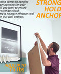 Man using Self Drilling Drywall Anchors Kit 104 Pcs With 52 Self Tapping Plastic Anchors And 52 Screws One And Quarter Inch For Drywall Holds Up To 75 Lb Heavy Duty Hanging And Shelves For Home Renovation Projects to hang picture on wall.