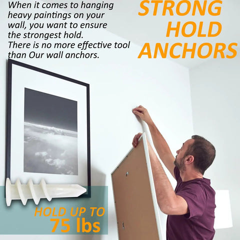 Man using Self Drilling Drywall Anchors Kit 104 Pcs With 52 Self Tapping Plastic Anchors And 52 Screws One And Quarter Inch For Drywall Holds Up To 75 Lb Heavy Duty Hanging And Shelves For Home Renovation Projects to hang picture on wall.