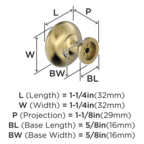 Edona Polished Brass Cabinet Knob 1-1/4 Inch Diameter For Cabinets And Drawers with measurement details