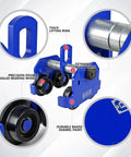 Front view of blue KARRYTON 3-Ton beam trolley with dual-track rollers and 4-8 in adjustable flange width