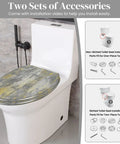 Quiet Close Resin Elongated Toilet Seat for Bathroom displayed on a toilet with accessory installation guide, showing different fitting parts.