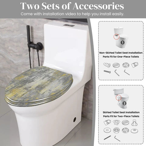 Quiet Close Resin Elongated Toilet Seat for Bathroom displayed on a toilet with accessory installation guide, showing different fitting parts.