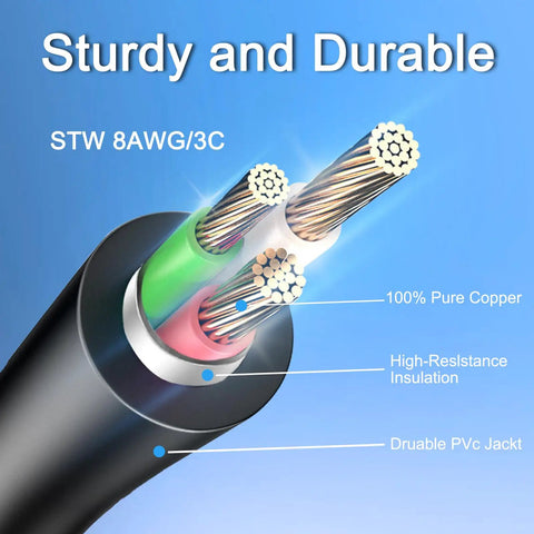Heavy Duty 250V Welder Extension Cord 40 Ft with NEMA 6-50 STW 8AWG 3C Lighted End ETL Listed showing copper wires