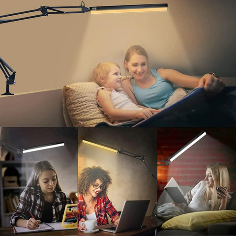 LED Desk Lamp With Clamp And Base Two In One Desk Light With 50.7 Inch Adjustable Swing Arm used in various home settings for reading.