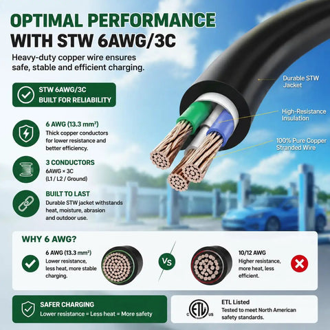 Close-up of STW 6AWG/3C heavy-duty copper wire cable for reliable EV charging, featuring durable insulation and three conductors.