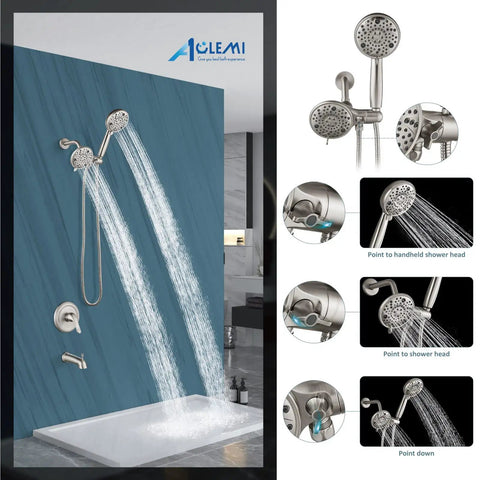 High End Brushed Nickel Tub And Shower Faucet Set Featuring Dual Showerheads And Eight Powerful Massage Jets Includes Full Concealed Wall Valve Kit For Fresh Modern Bathroom Upgrades Built Solid For Everyday Use