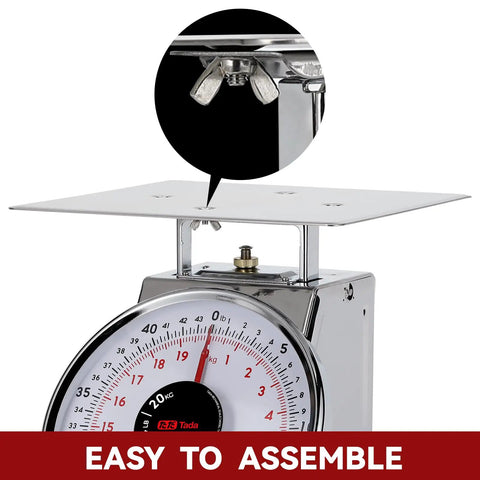 Close-up of 44 Lbs Stainless Steel Mechanical Kitchen Scale Built Like A Tank For Precise Portion Control Heavy Duty Produce Scale