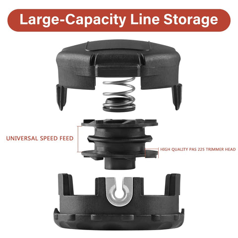 Exploded view of Three Pack Universal String Trimmer Head Fits Echo Speed Feed 400 And More Weed Eater Three And Three Quarter Inch Diameter M10 By 1.25 Bolt For SRM230 SRM225 SRM210 PAS210 PAS230 PAS260 Shindaiwa T195S T220 T222 T230 T231 Straight Shaft, showing line storage components and spring.