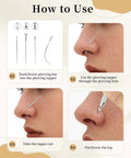 Step-by-step guide using Pro Grade Piercing Kit With Ball Grabber And 16G 18G Tapers for nose piercing jewelry changes.