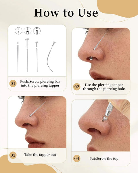 Step-by-step guide using Pro Grade Piercing Kit With Ball Grabber And 16G 18G Tapers for nose piercing jewelry changes.