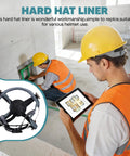 Image of a 4 Point Hard Hat Replacement Suspension With Ratchet Adjustable Knob Fit For Universal Construction Helmets. Worker in safety vest.