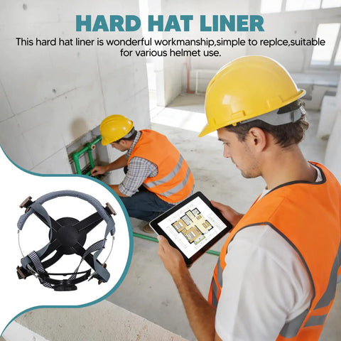 Image of a 4 Point Hard Hat Replacement Suspension With Ratchet Adjustable Knob Fit For Universal Construction Helmets. Worker in safety vest.