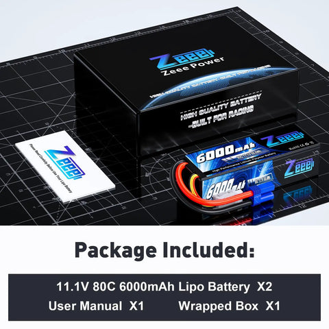 Package of 11.1V 6000mAh 80C 3S LiPo Battery Pack With EC5 Connector, including user manual and wrapped box for RC vehicles.