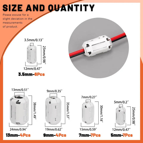Clip On Ferrite Ring Core EMI RFI Noise Suppressor Cable Clips Set 28 Pcs For 3 5 7 9 13 Millimeter Diameter Cables White 5 Size Kit