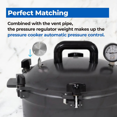 Pressure Regulator Weight And Vent Pipe Replacement Kit For Large Capacity Pressure Cookers And Canners Compatible With 10.5 To 41.5 Quart Models 910 915 921 925 930 941 displayed on pressure cooker lid.