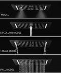 Premium Matte Black Shower Setup With A Heavy Rainfall Head And Adjustable Handheld Sprayer Dual Body Jets Plus Six Function Valve showing different spray modes.