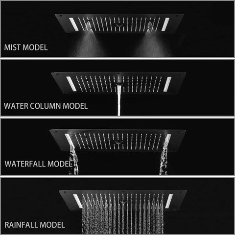 Premium Matte Black Shower Setup With A Heavy Rainfall Head And Adjustable Handheld Sprayer Dual Body Jets Plus Six Function Valve showing different spray modes.