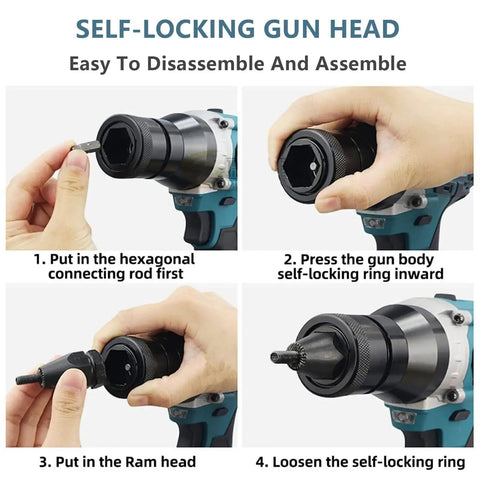 Self-locking gun head assembly steps for 2-In-1 Cordless Rivet Nut Gun Set with M3-M12 threaded inserts.