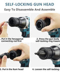 Heavy Duty Cordless Rivet Nut Gun Set With Rechargeable Battery And M3 To M12 Mandrels showing the self-locking gun head assembly steps.