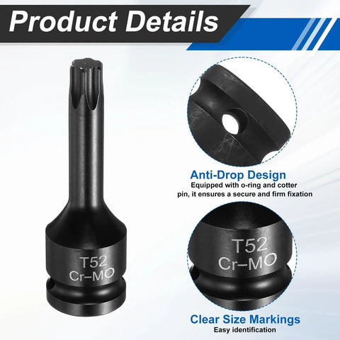 Torx Bit Socket T52 Six Point One Half Inch Drive For Impact Tools Chromoly Steel Heat Treated Includes Cotter Pin And O Ring Ideal For Power Drill Drivers Garage And Workshop Adapter