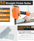 Pro Spec 16 Gauge Pneumatic Finish Nailer Drives Three Quarter To 2 Inch Straight Nails Packing Heavy Steel Mag And Sure Grip Safety Lock For Clean Trim Work Weekend Warriors Absolutely Love, showing nailer features and compatible nail specifications.