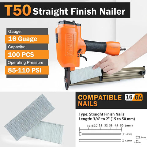 Pro Spec 16 Gauge Pneumatic Finish Nailer Drives Three Quarter To 2 Inch Straight Nails Packing Heavy Steel Mag And Sure Grip Safety Lock For Clean Trim Work Weekend Warriors Absolutely Love, showing nailer features and compatible nail specifications.