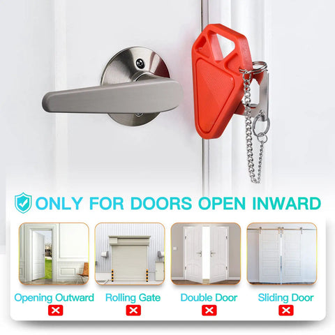 2 Pack Upgraded Portable Door Lock For Travel From Inside Front Door Security Device attached to an inward-opening door handle