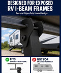 Close-up of Heavy Duty RV Stabilizer Kit Packs Adjustable I Beam Mounts for exposed I-beam frames, showing secure edge-grip design.