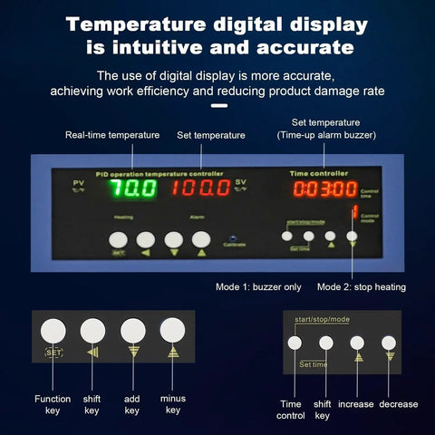 Pro Grade 700W Soldering Station digital temperature display panel with control buttons and settings for precise adjustments.