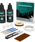 Essential Fishing Rod Repair Kit With Strong Epoxy Glue Durable Wrapping Cord And Grip Tape with epoxy glue, tools, and tape.
