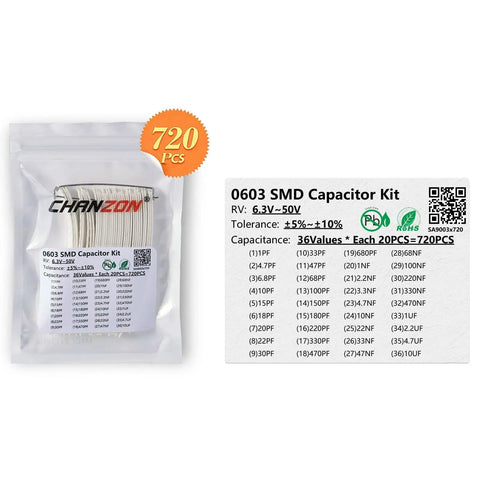 Product packaging of 0603 SMD MLCC Capacitor Kit 320 Pieces 16 Values From 10pF To 22uF 6.3V To 50V Ceramic Assortment For Circuit Prototyping And PCB Projects Great For Hobbyists And Pros