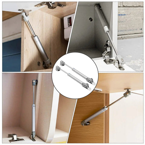Gas Struts 50N 10lb 6 Inch Lift Supports for Kitchen Cabinets Cupboards 2 Pack installed on wood and metal surfaces.