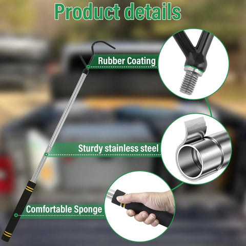 Heavy Duty Truck Bed Reach Tool Adjustable 32 To 85 Inch Stainless Steel Cargo Grabber With Dual Replacement Hooks And Cushioned Rubber Sponge Handle For Easy Grabs And Safe Lifting. rubber coating, stainless steel, sponge handle