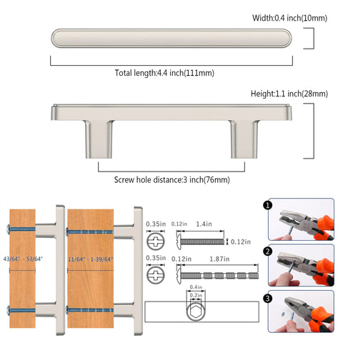 10 Pack 3 Inch Brushed Satin Nickel Cabinet Pulls dimensions and installation guide