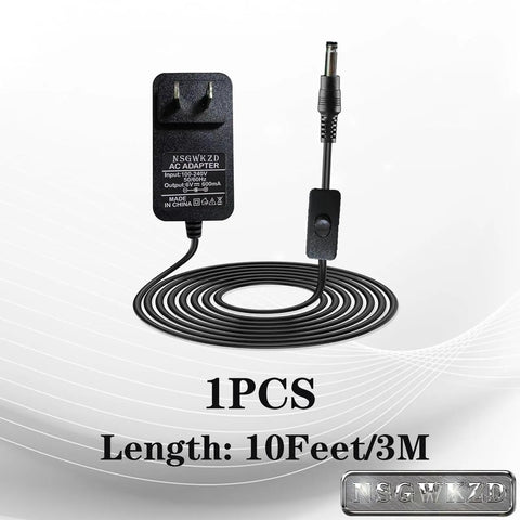 Polar Care Cube 6V Power Cord Replacement With On Off Switch 10 Foot DC Charging Cable 600mA Output Compatible With Kodiak Ice Machine Chargers And 10698 Adapters No Fuss Plug In Power Supply For Ice Therapy, shown with coiled cord and wall plug adapter.