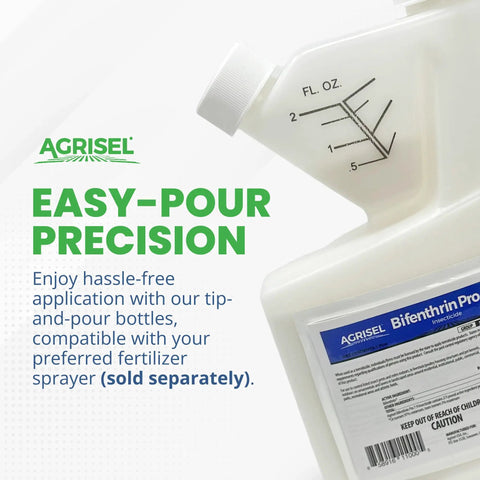 Agrisel Bifenthrin Pro insect control bottle with easy-pour precision, labeled in ounces, product use directions visible