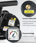 Close-up of vacuum safety valve and pressure gauge on Oil Vacuum Extractor For Cars, 9L Capacity With Pneumatic And Manual Modes.