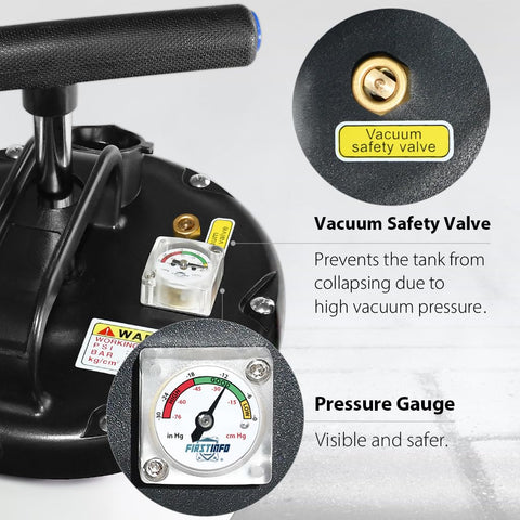 Close-up of vacuum safety valve and pressure gauge on Oil Vacuum Extractor For Cars, 9L Capacity With Pneumatic And Manual Modes.
