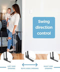 Woman with baby using Clear Ultimate Baby Gate With Auto Close Walk Through No Fuss Safe Step Design Secure Handle Pressure Mounted Stairs Gate Warm Black Finish Fits Openings 44.5 To 48 Inches Includes 2x8 Extensions, swing direction control shown.