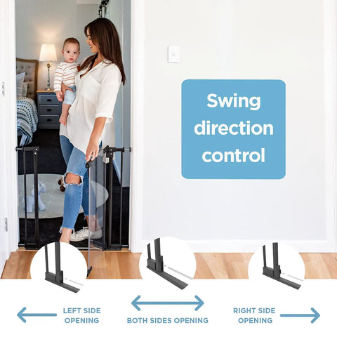 Woman with baby using Clear Ultimate Baby Gate With Auto Close Walk Through No Fuss Safe Step Design Secure Handle Pressure Mounted Stairs Gate Warm Black Finish Fits Openings 44.5 To 48 Inches Includes 2x8 Extensions, swing direction control shown.