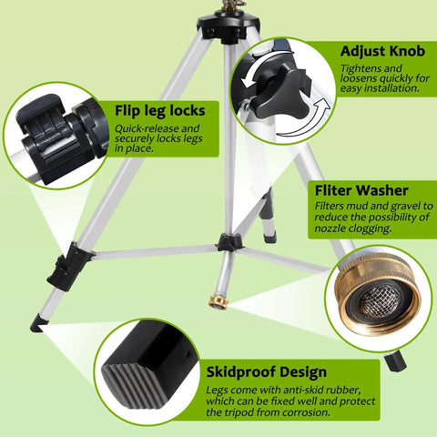 Heavy Duty Tripod Sprinkler With Brass Nozzle For Yard Coverage showing adjustable features, skidproof design, and filter washer.