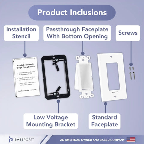 Recessed Low Voltage Wall Plate For Behind Wall Cable Management And TV Cord Pass Through With Bottom Opening Reversible Hood Keeps Wires Hidden For A Clean No Fuss Wall Mounted TV Setup Durable Two Pack - Product inclusions with stencil, mounting bracket, faceplate, screws shown.