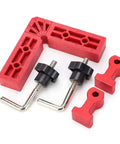 90 Degree Positioning Plastic Right Angle Clamp for Woodworking with 120mm Scale and complete accessories, red and black components displayed